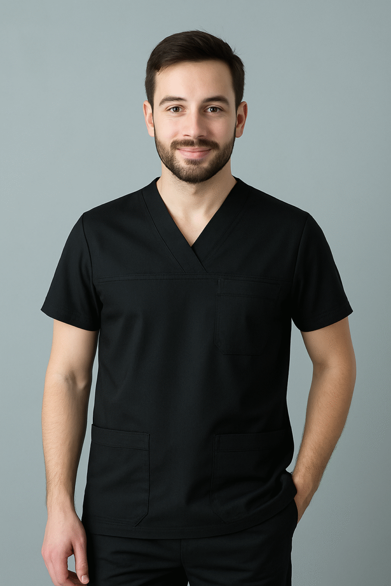 Siyah V Yaka Scrubs Takımı | Medkoop Comfort Serisi